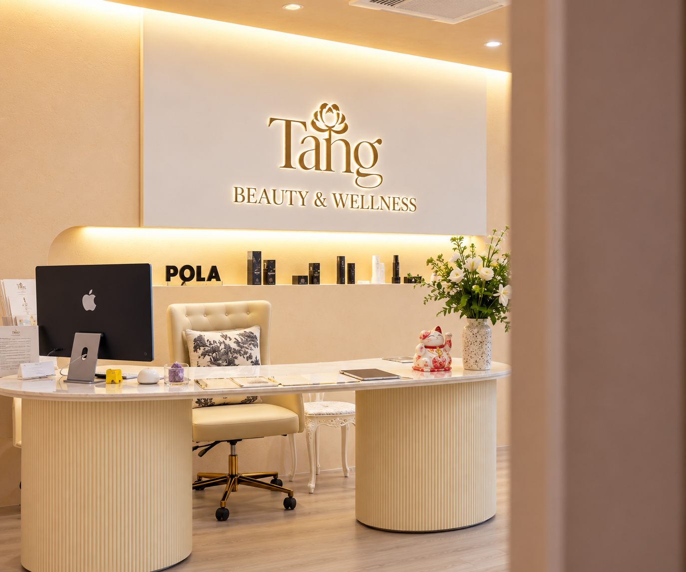 Tang Beauty & Wellness reception with illuminated brand logo