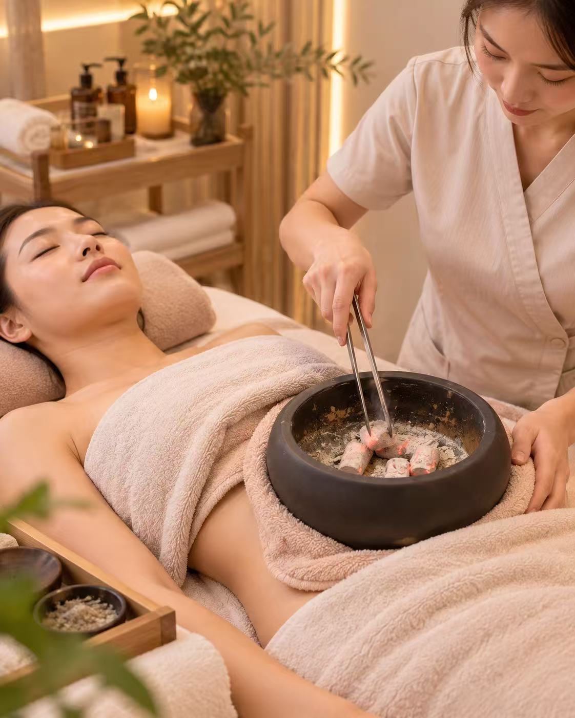 Clay cupping treatment using a large earthenware vessel over the abdomen
